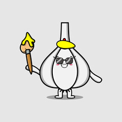 Cute cartoon character Garlic painter portraitist with hat and a brush to draw in design style