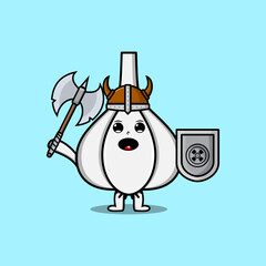 Cute cartoon character Garlic viking pirate with hat and holding ax and shield 