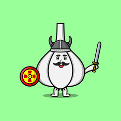 Cute cartoon character Garlic viking pirate with hat and holding sword and shield illustration