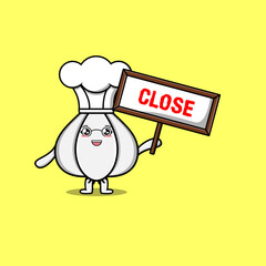 Cute cartoon Garlic chef character holding close sign board designs in flat cartoon style