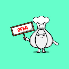 Cute cartoon Garlic character holding open sign board designs in concept flat cartoon style