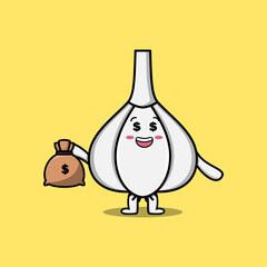 Cute cartoon Crazy rich Garlic with money bag shaped funny in modern design illustration