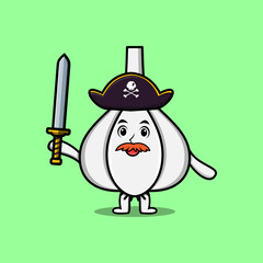 Cute cartoon mascot character Garlic pirate with hat and holding sword in modern design