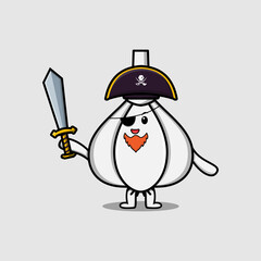 Cute cartoon mascot character Garlic pirate with hat and holding sword in modern design