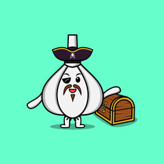 Cute cartoon character Garlic pirate with treasure box illustration in modern style design
