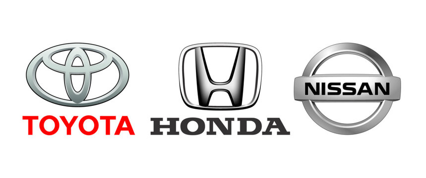 Collection of biggest japan car manufacturers logos, on white background: Honda, Nissan and Toyota, vector illustration