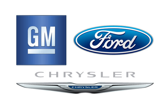 Collection of biggest USA car manufacturers logos, on white background: General Motors, Ford and Chrysler, vector illustration