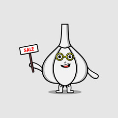 Cute cartoon Garlic character holding sale sign designs in concept flat cartoon style