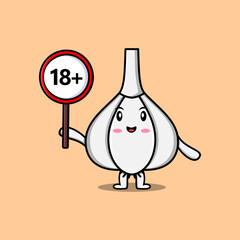 cute cartoon Garlic holding 18 plus sign board in vector character illustration
