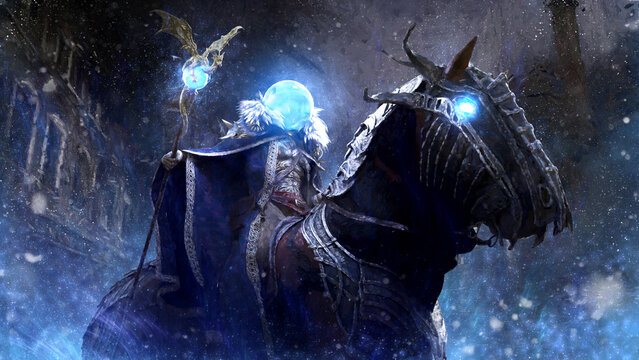 A mystical magician in a cloak with a glowing sphere instead of a head, majestic eating riding a demonic ice horse, he is a weather wizard causing a snowstorm in the city of ruins. 3d rendering.