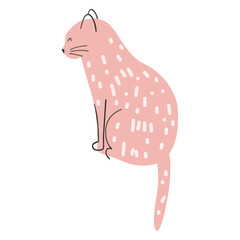 Hand drawn cute pink cat. Vector illustration of kitten, funny animal for poster, fabric print, kids textile, card design