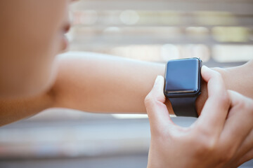 Fitness, woman and hands for time on watch checking or monitoring health after exercise training workout outdoor. Hand of female with smartwatch monitor check and time in healthy run or cardio sports