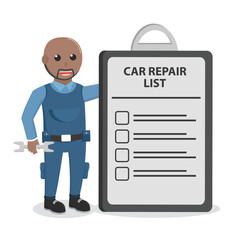 mechanic african with repair list clipboard design character on white background