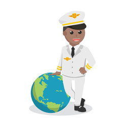 pilot african standing with big globe design character on white background