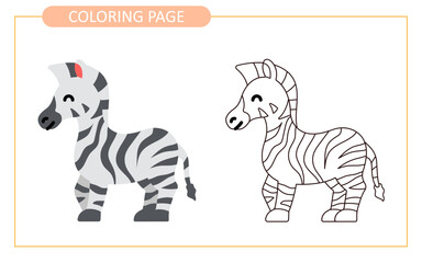 Coloring page of zebra. educational tracing coloring worksheet for kids. Hand drawn outline illustration.