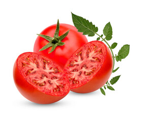 Fresh tomatoes with leaves isolated on white background