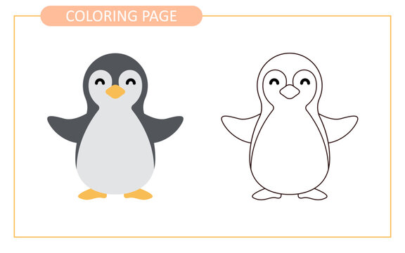 Coloring page of penguin. educational tracing coloring worksheet for kids. Hand drawn outline illustration.