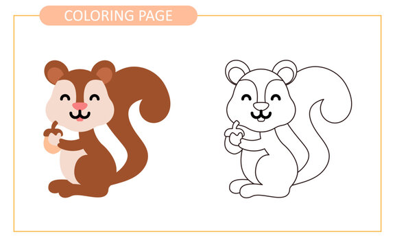 Coloring page of squirrel. educational tracing coloring worksheet for kids. Hand drawn outline illustration.