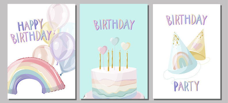 Set of Birthday cards with cake, balloons and caps. Kids, baby, girl rainbow birthday party, celebration, congratulations, invitation concept. Cute vector illustration. Postcard, card, cover.