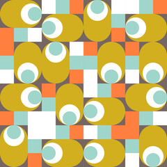  Modern vector abstract  geometric background with circles, rectangles and squares  in retro scandinavian style. Pastel colored simple shapes graphic pattern. Abstract mosaic artwork.