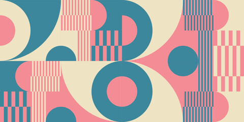 Modern vector abstract  geometric background with circles, rectangles, squares and stripes  in retro Bauhaus style. Pastel colored