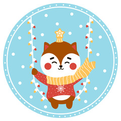 Naklejka premium Christmas ball with cute cat or fox character, greeting card design, funny winter animal illustration in circle in cartoon style