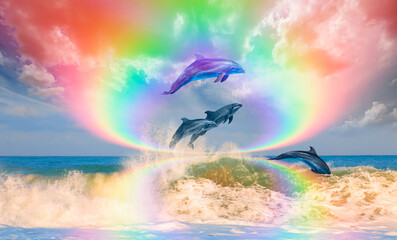 Group of dolphins jumping on the water with rounded rainbow over the calm sea  