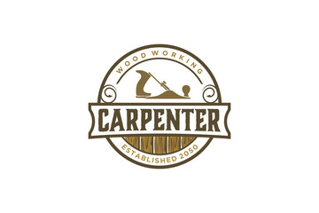 Obraz premium Capenter wood work logo design wood plane circular shape vintage timber lumberjack workshop 