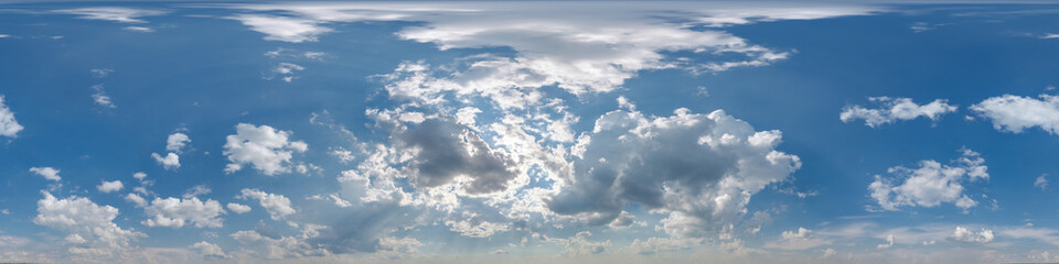 blue sky with beautiful clouds as seamless hdri 360 panorama view with zenith for use in 3d graphics or game development as sky dome or edit drone shot