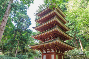 Goju-no-to (five-storied,pagoda) of the Muro-ji Temple, National Treasure of Japan, in Uda City, Nara Prefecture, Japan.