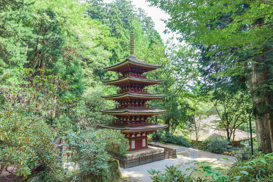 Goju-no-to (five-storied,pagoda) of the Muro-ji Temple, National Treasure of Japan, in Uda City, Nara Prefecture, Japan.