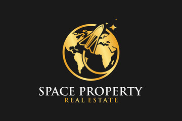 Space rocket logo design with globe earth icon symbol gold luxury illustration
