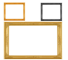 Set of isolated golden vintage frames on white background.