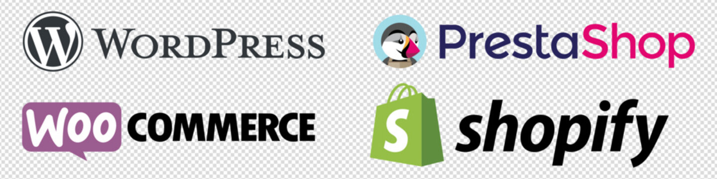 CMS systems logo vector set : WordPress, Shopify, WooCommerce, PrestaShop. E-commerce website software. Isolated logotype icons. Vector editorial illustration EPS 10