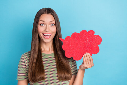 Closeup Photo Of Young Excited Crazy Amazed Shocked Pretty Woman Hold Red Paper Bubble Idea Talking You Idea Isolated On Bright Blue Color Background