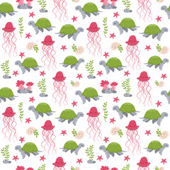 Fototapeta na wymiar Seamless vector pattern. Sea animals on white background, turtle, jellyfish, starfish, seaweed. Sea pattern.
