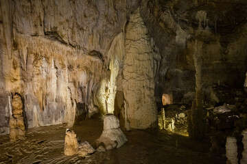 Fairy views from The Frasassi Caves (Italian: Grotte di Frasassi) - the most famous show caves in Italy. The karst cave system is located in the municipality of Genga, Ancona, Marche, Italy.