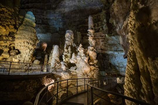 Fairy views from The Frasassi Caves (Italian: Grotte di Frasassi) - the most famous show caves in Italy. The karst cave system is located in the municipality of Genga, Ancona, Marche, Italy.