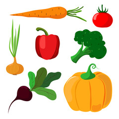 Vegetables set. Pumpkin, tomato, beetroot, broccoli, pepper, carrot, onion. Flat style. Autumn harvest.