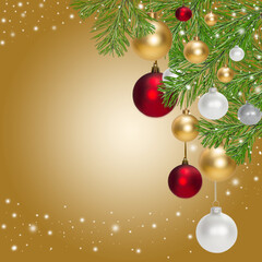 Christmas greeting Card with christmas decorations.Red, white and Gold Baubles hang on a Christmas tree branch