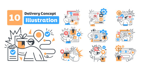 Online Shopping Concept and Delivery Concept illustrations. Mega set. Vector Isolated Concept Metaphor Illustration. Flat vector illustration isolated on white background