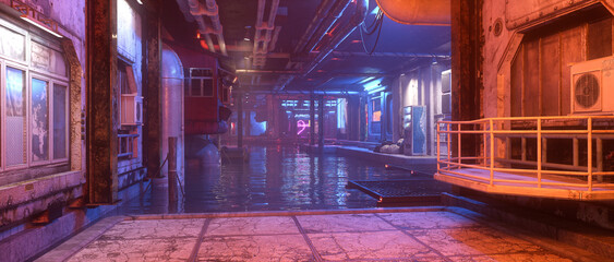Wide cinematic 3D rendering of cyberpunk city downtown urban scene around a canal at night.
