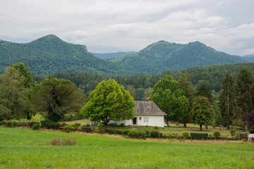 Mountain view, house and beautiful landscape  in the Hautes-Pyrenees, France.