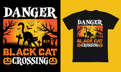 Danger Black Cat Crossing Short Sleeve T-Shirt Graphic Tee