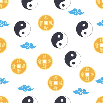 Chinese seamless pattern with feng shui chinese coin with hole, yin yang symbol