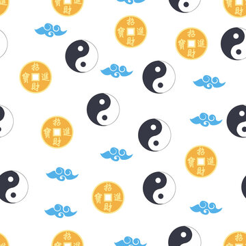 Chinese seamless pattern with feng shui chinese coin with hole, yin yang symbol