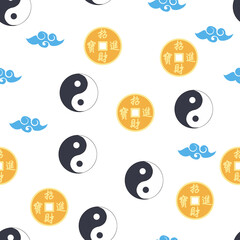 Chinese seamless pattern with feng shui chinese coin with hole, yin yang symbol