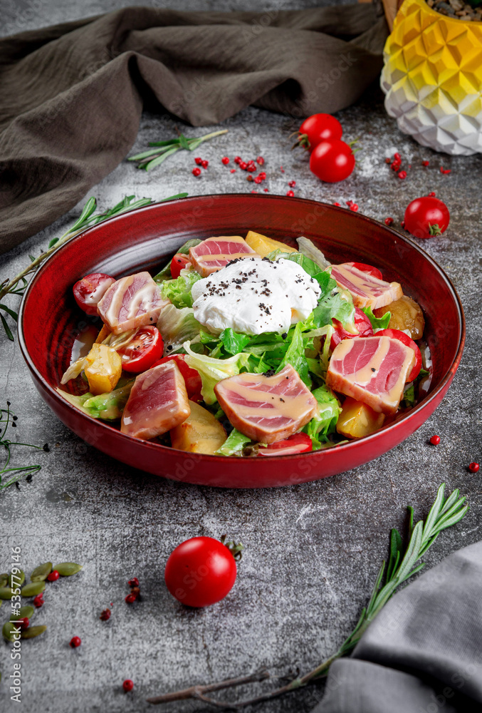 Sticker Strachatella. Sea fresh green salad mix with tuna, poached egg, cherry tomatoes and potatoes.