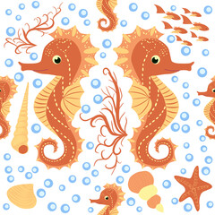 Obraz premium Seahorse and starfish seamless pattern. Sea life summer background. Cute sea life. Design for fabric and decor