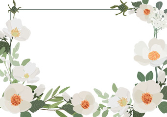 white camellia flower bouquet wreath frame flat style